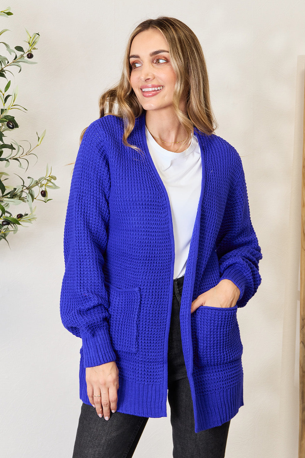 Zenana Full Size Waffle-Knit Open Front Cardigan-Angel Casuals