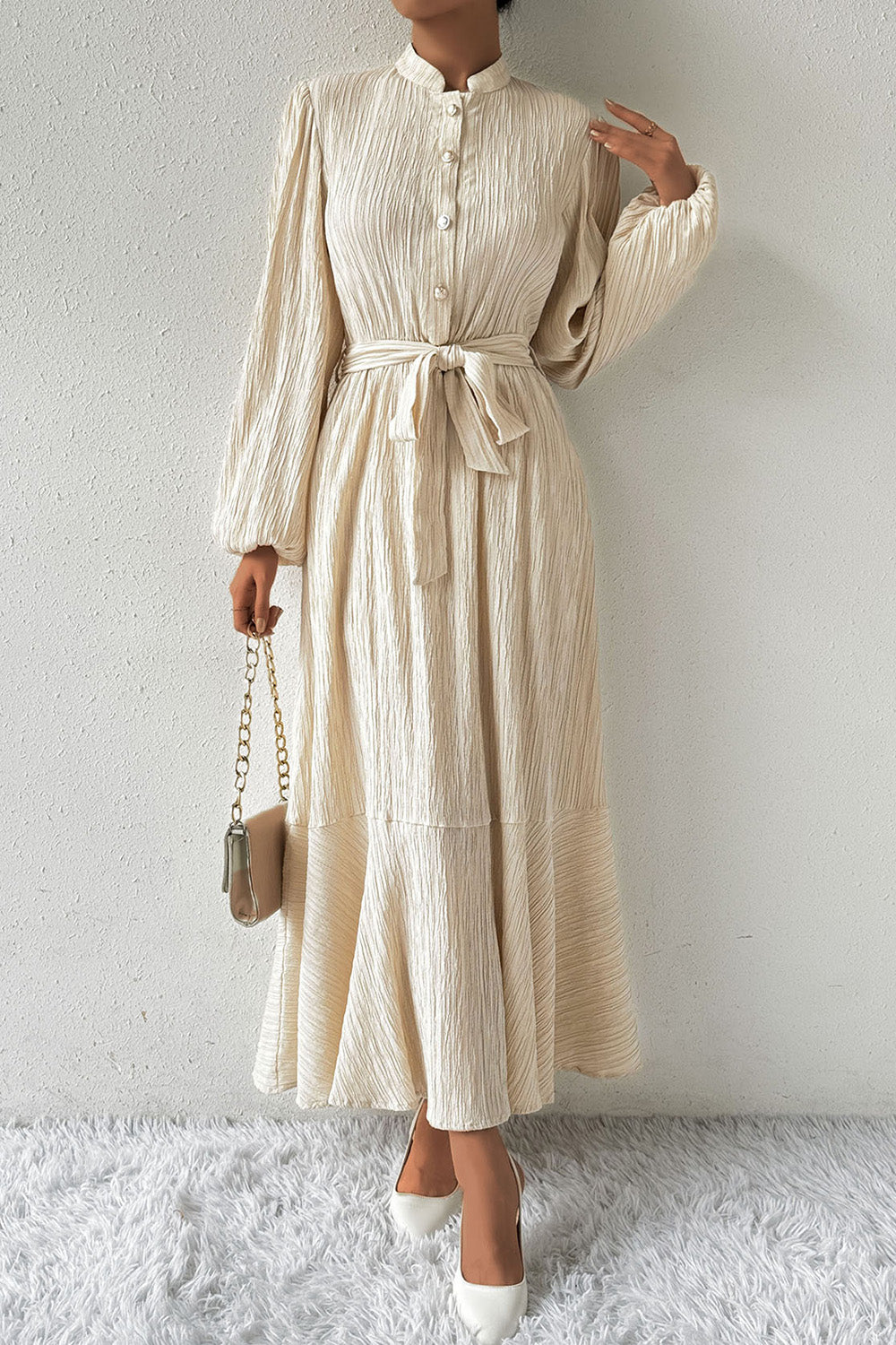 Tied Button Up Balloon Sleeve Dress-Angel Casuals