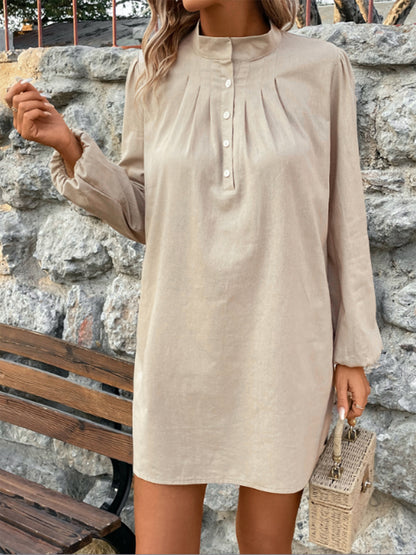 Half Button Mock Neck Long Sleeve Mini Shirt Dress-Angel Casuals