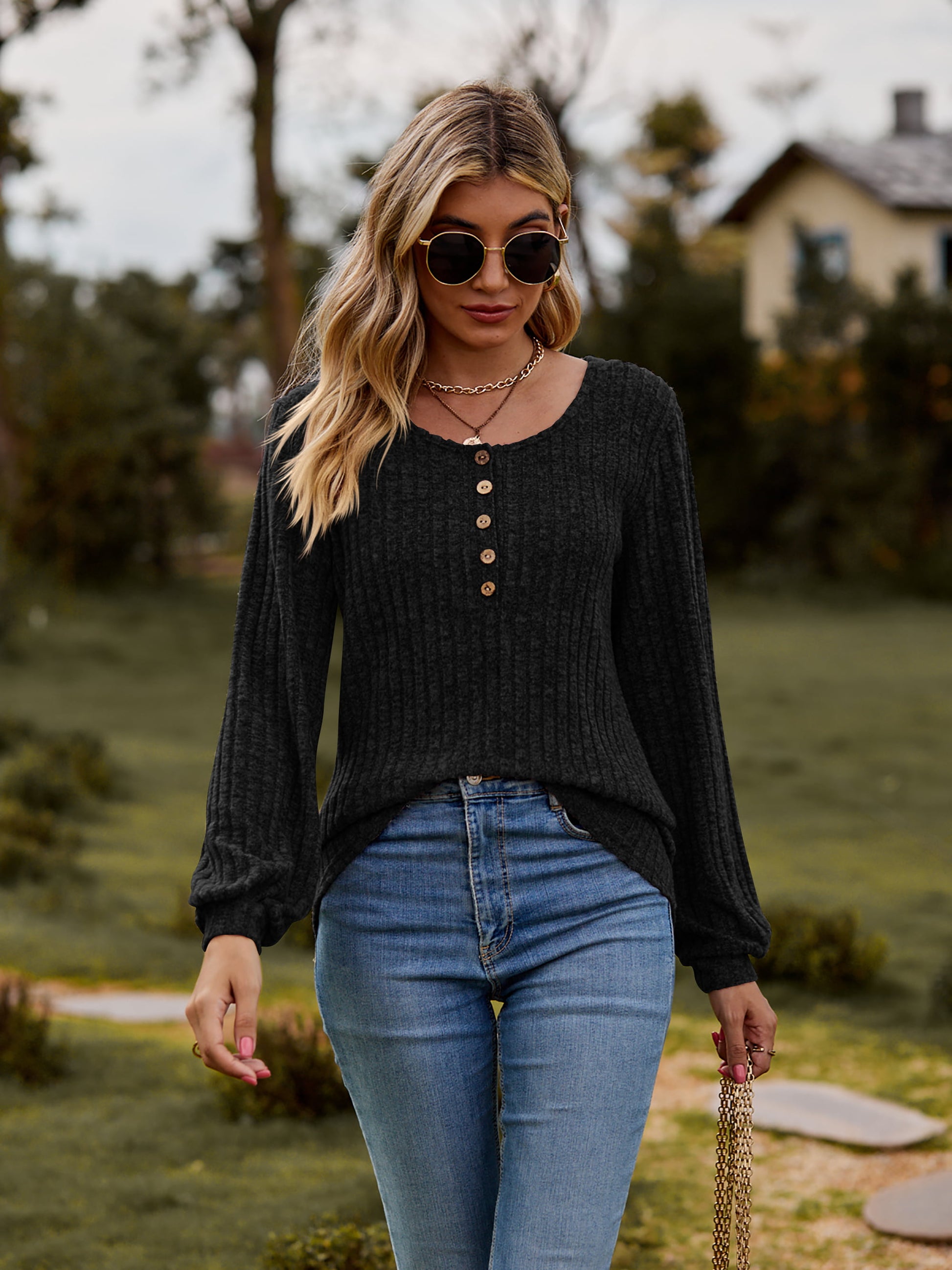 Round Neck Button-Down Long Sleeve Tee-Angel Casuals