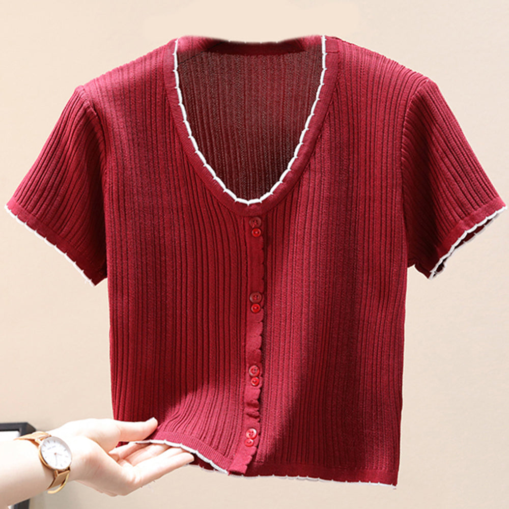 Contrast Decorative Button Short Sleeve Knit Top-Angel Casuals