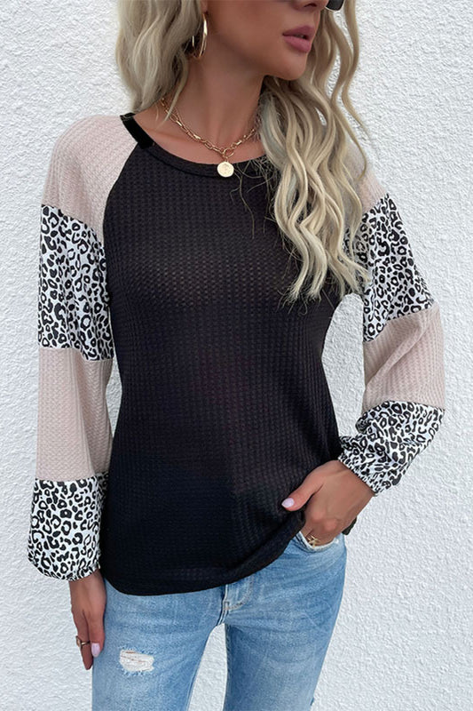 Perfee Contrast Leopard Print Waffle Knit Tee-Angel Casuals