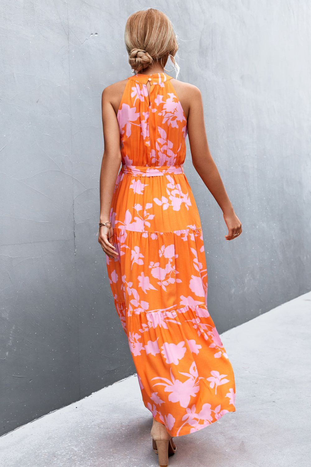 Printed Sleeveless Tie Waist Maxi Dress-Angel Casuals