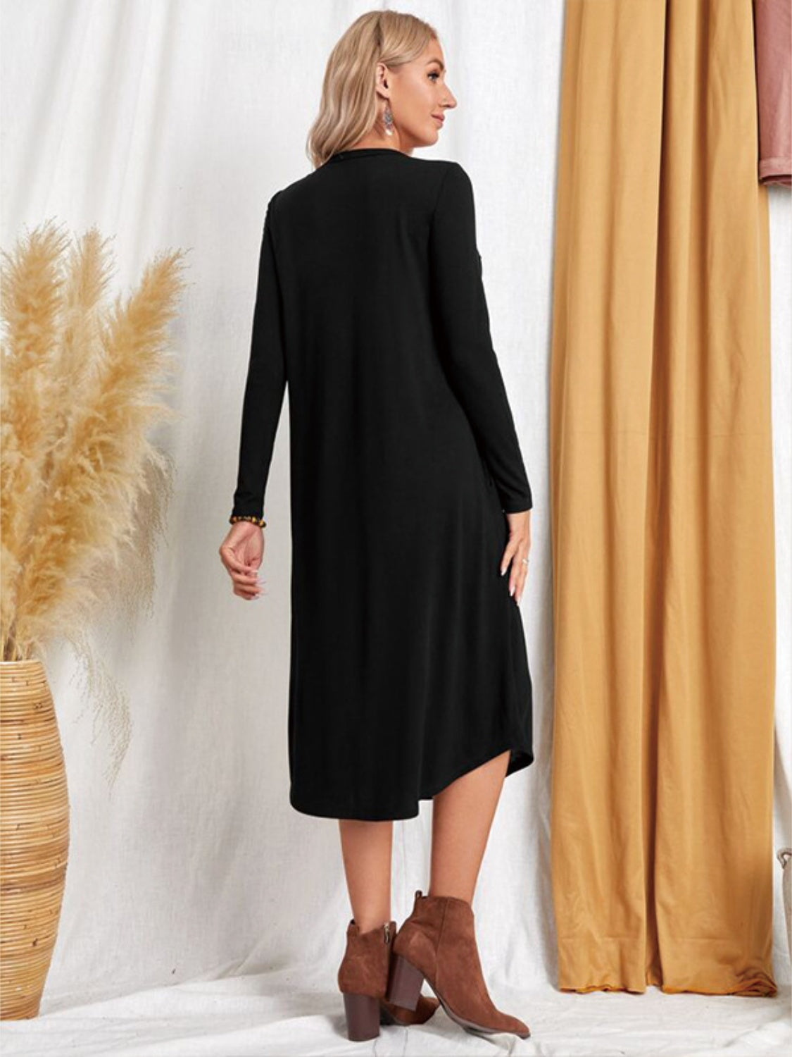 Pocketed Round Neck Long Sleeve Tee Dress-Angel Casuals