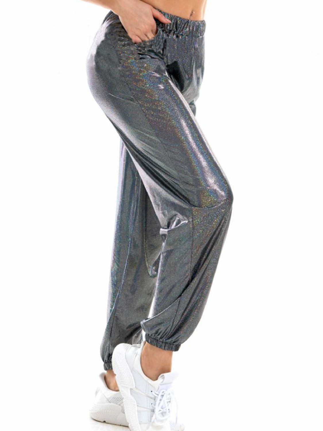 Glitter Elastic Waist Pants with Pockets-Angel Casuals