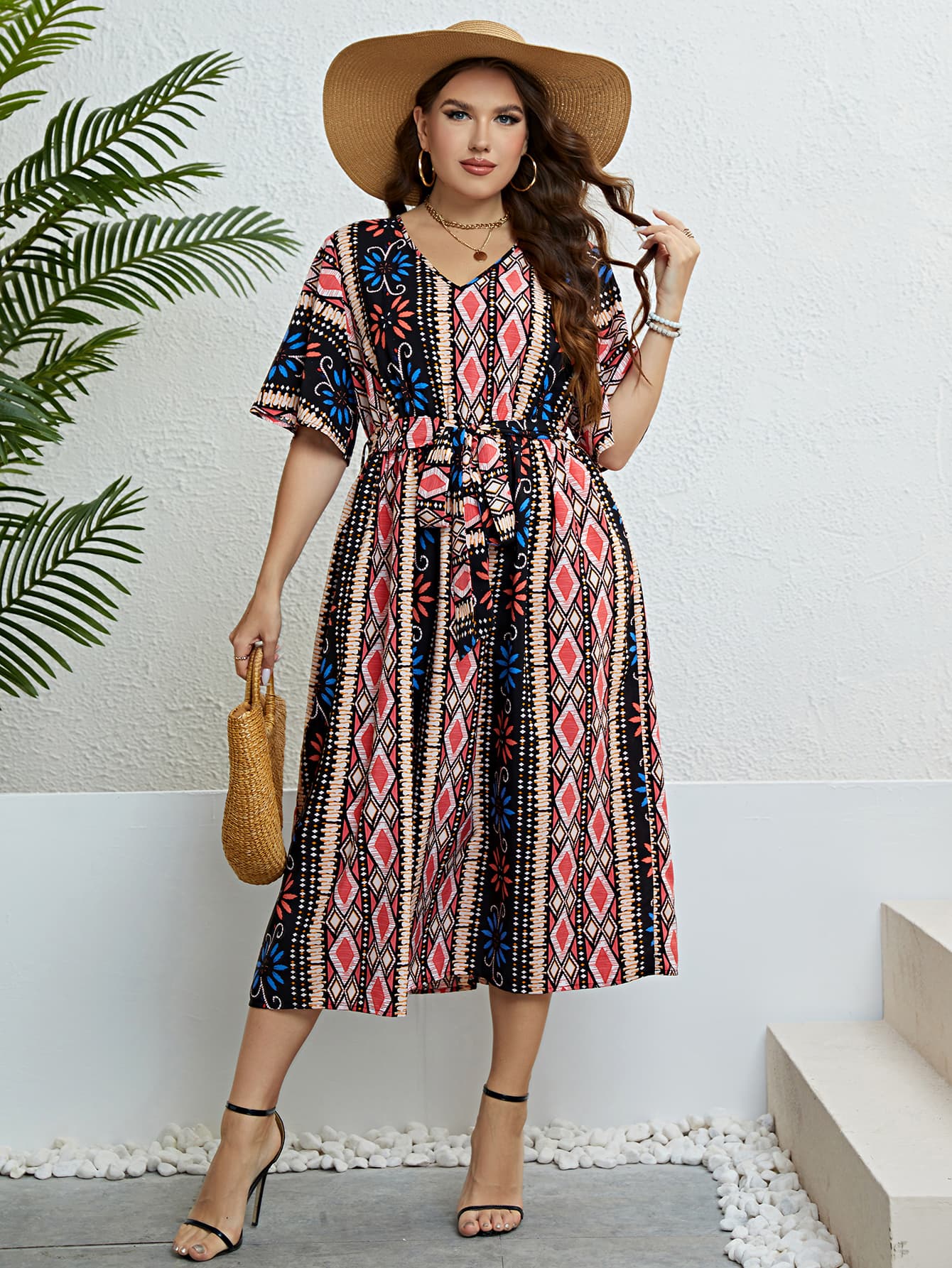 Plus Size Bohemian V-Neck Tie Belt Midi Dress-Angel Casuals