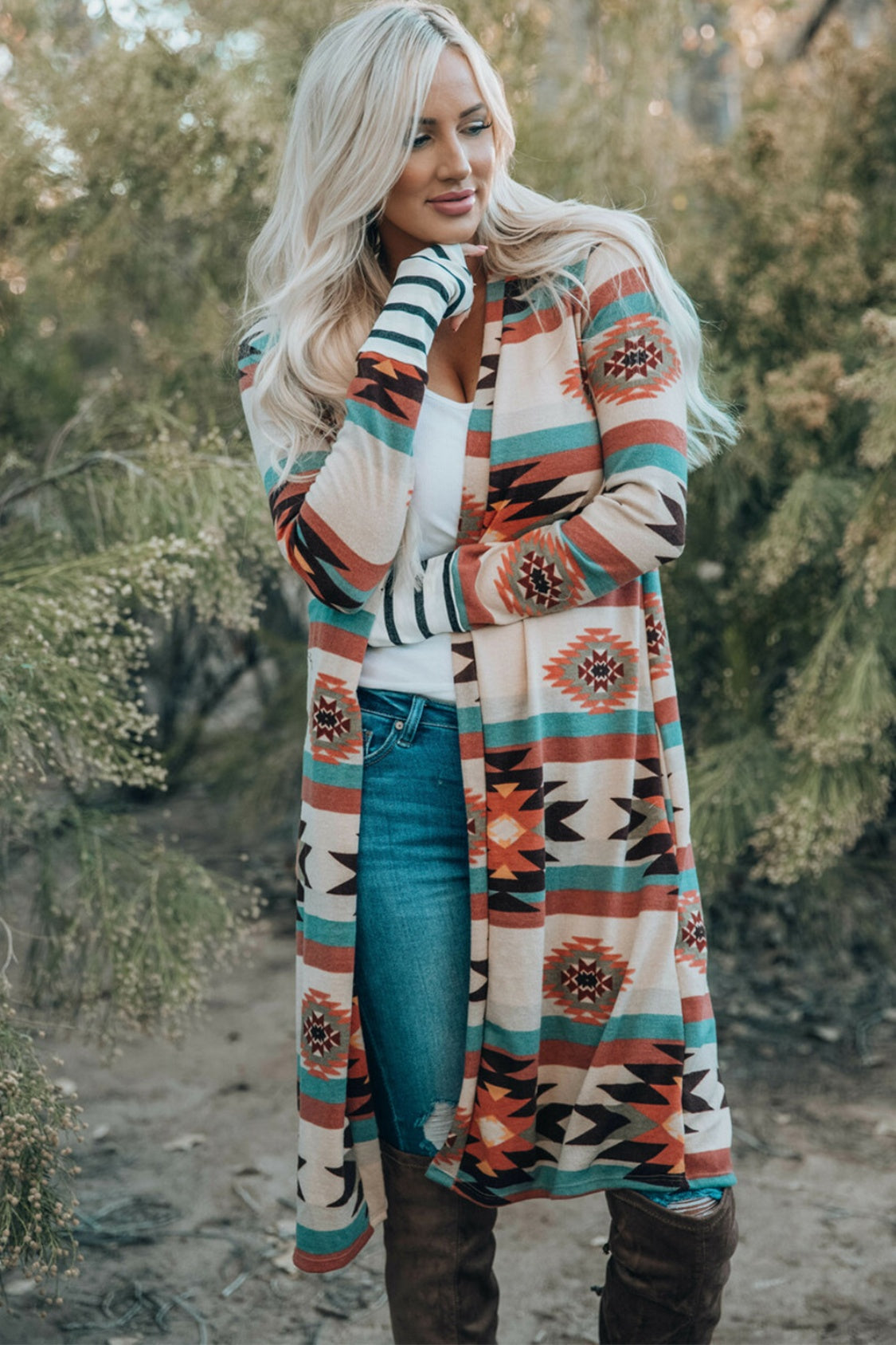 Multicolor Geometric Color Block Open Front Long Cardigan-Angel Casuals