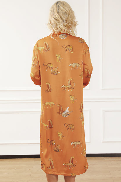 Animal Pattern Long Sleeve Slit Shirt Dress-Angel Casuals