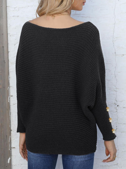 Full Size Boat Neck Long Sleeve Sweater-Angel Casuals