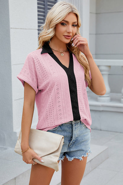 Eyelet Johnny Collar Short Sleeve T-Shirt-Angel Casuals