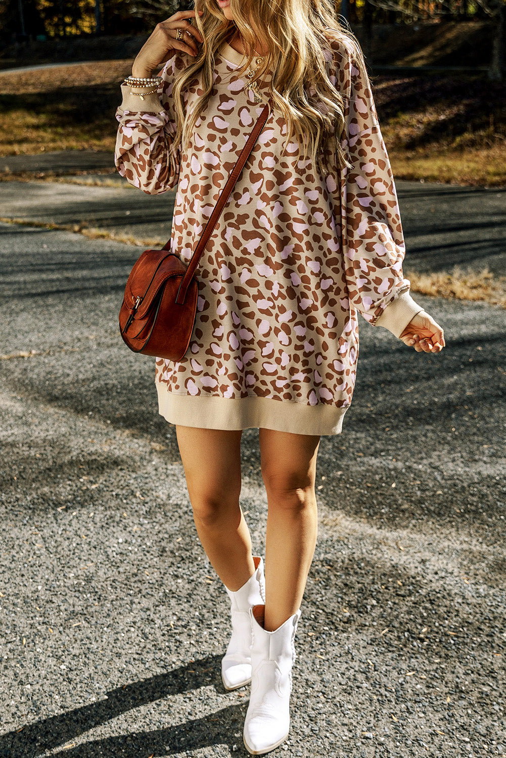 Leopard Round Neck Long Sleeve Dress-Angel Casuals