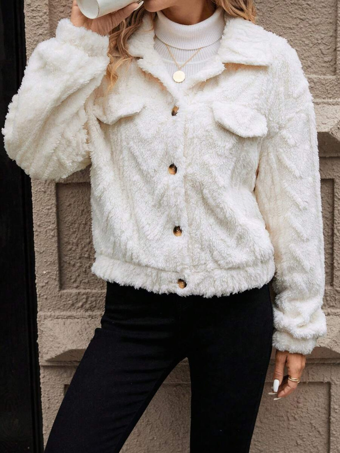 Button Up Long Sleeve Fuzzy Outerwear-Angel Casuals