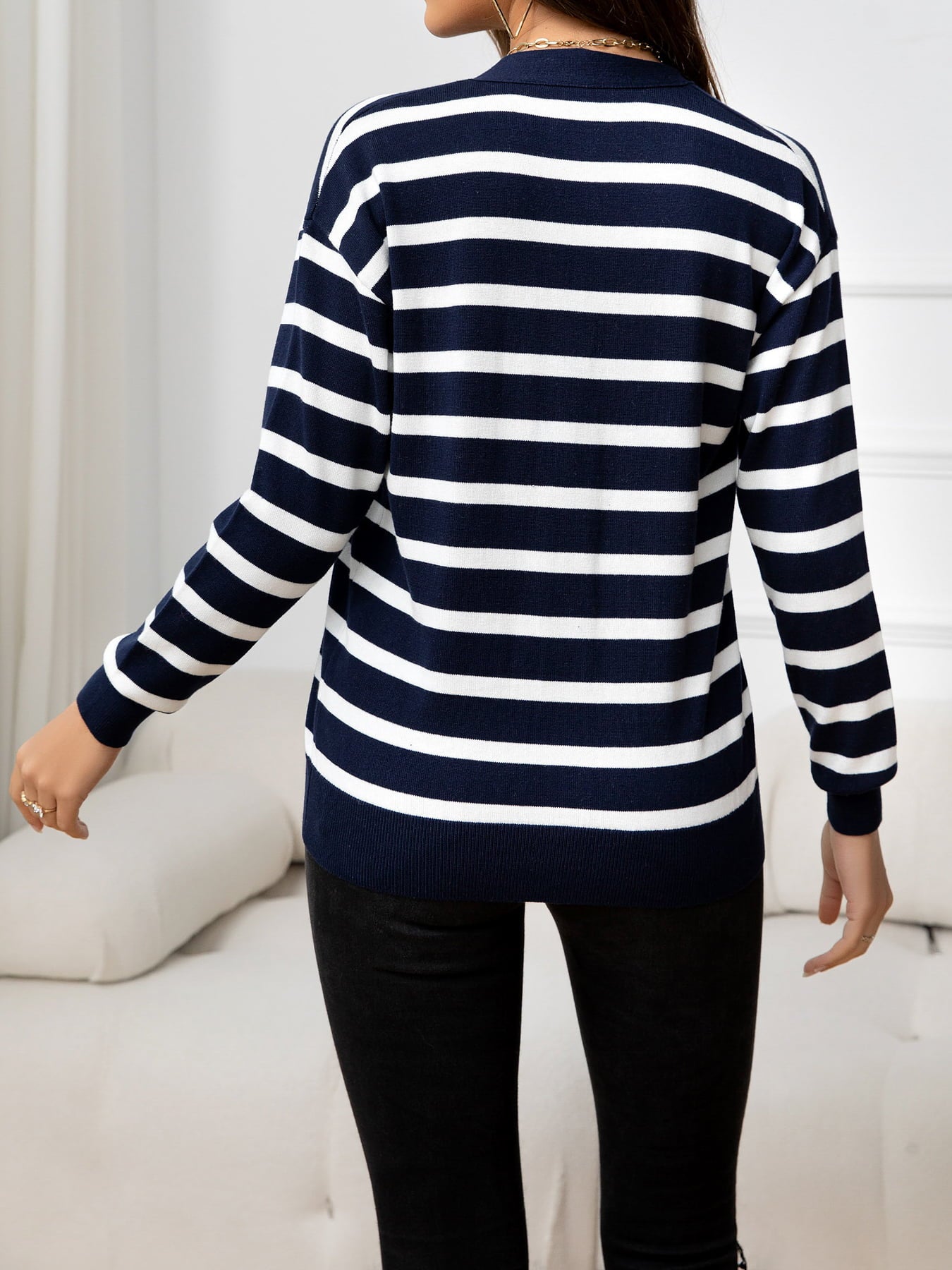 Striped Dropped Shoulder V-Neck Knit Top-Angel Casuals