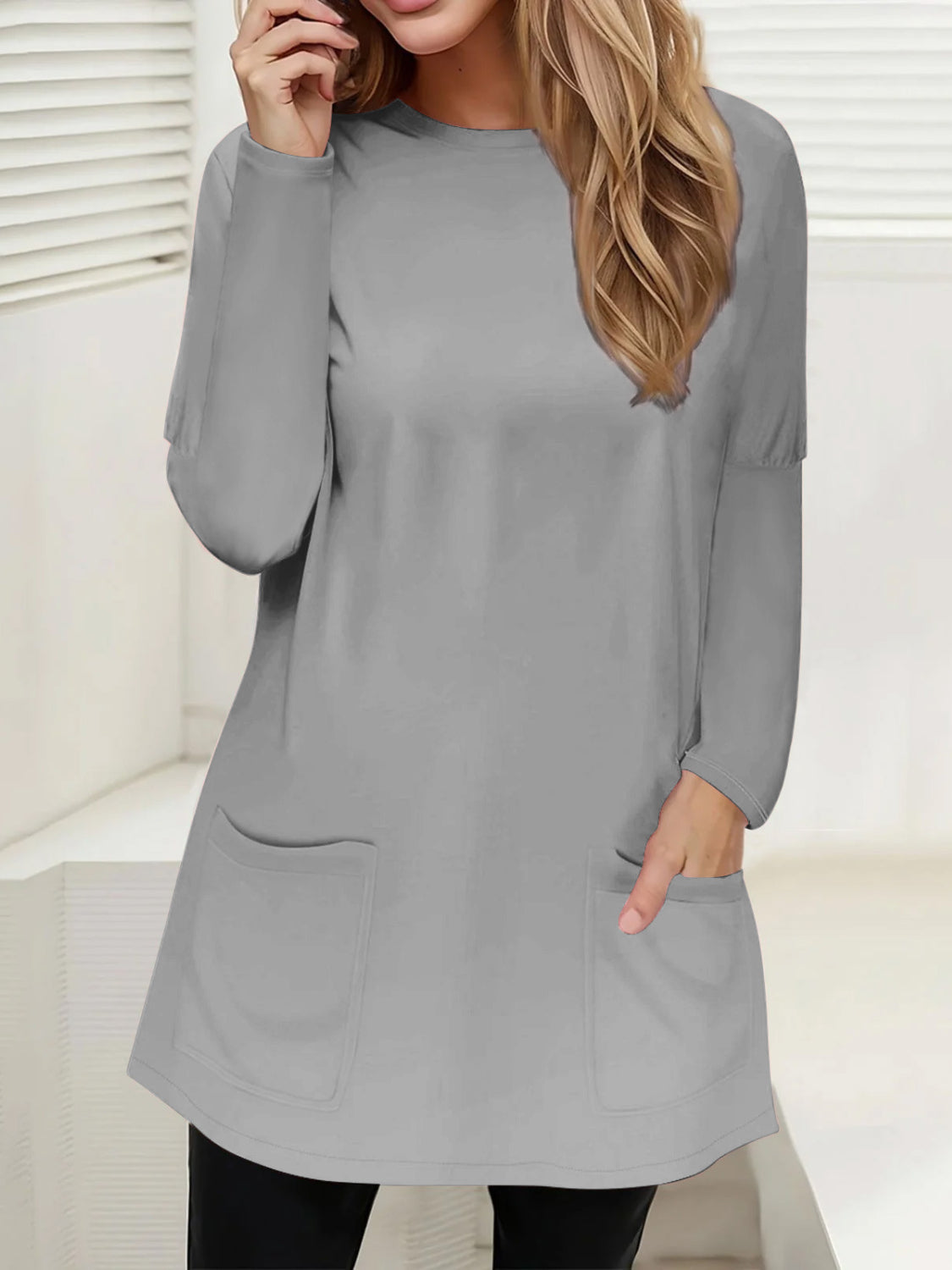 Full Size Pocketed Round Neck Long Sleeve T-Shirt-Angel Casuals