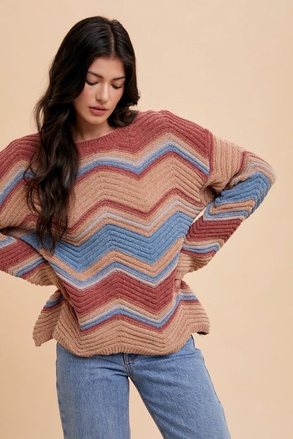 Annie Wear Multi Color Zig-Zag Round Neck Sweater-Angel Casuals