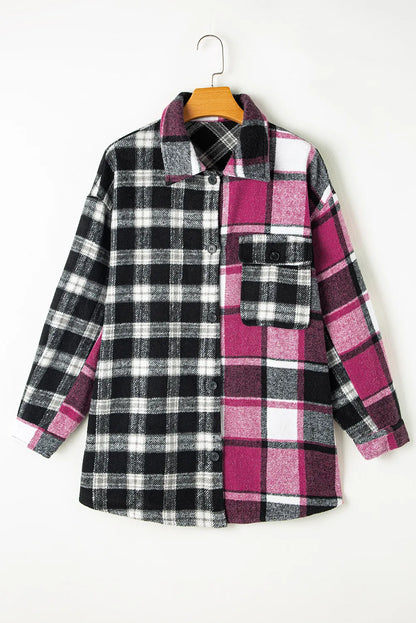 Pocketed Plaid Collared Neck Long Sleeve Shacket-Angel Casuals