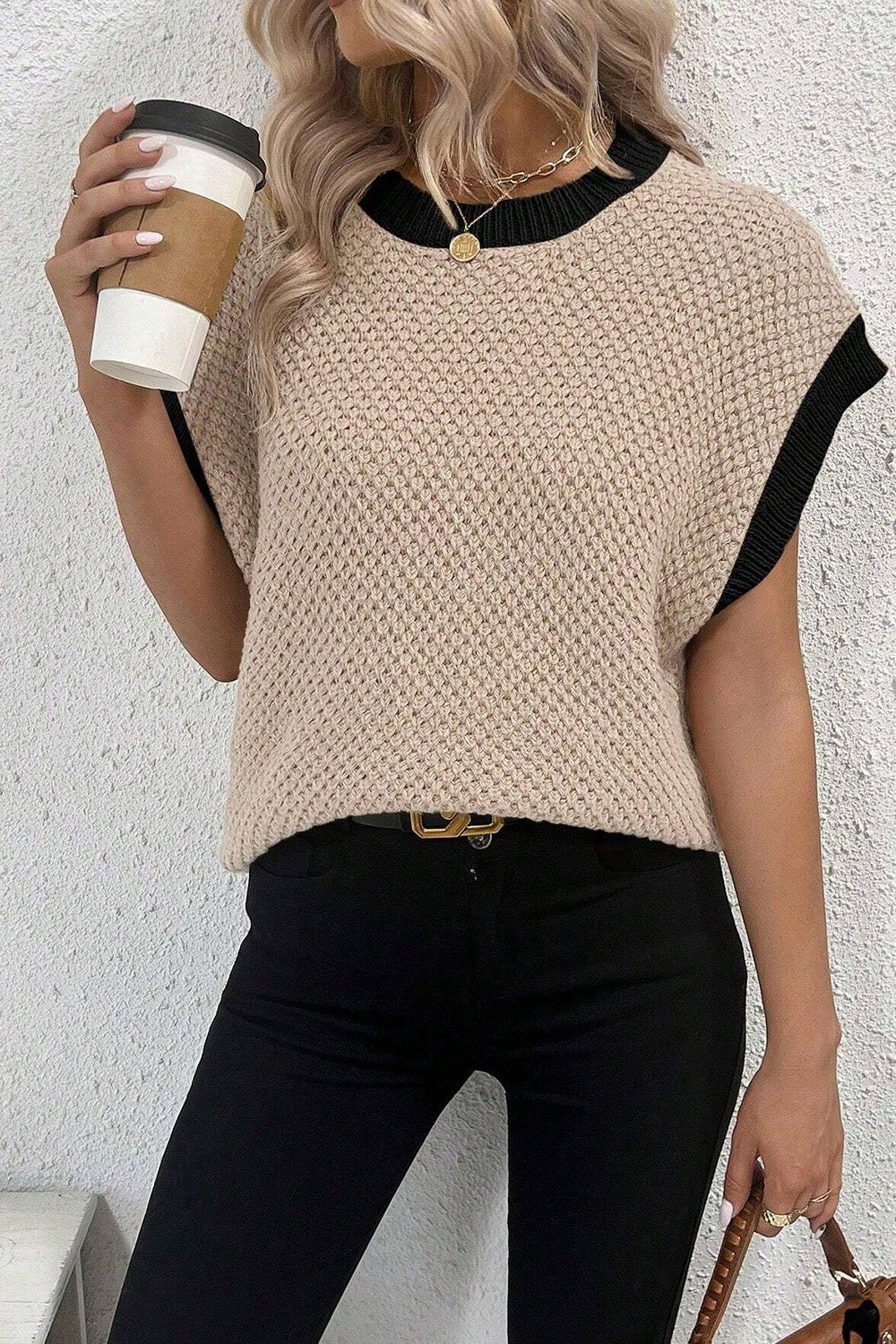 Contrast Round Neck Cap Sleeve Knit Top-Angel Casuals