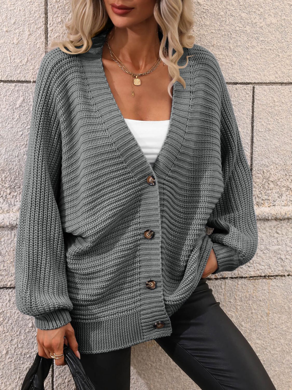 Button Down Horizontal-Ribbing Longline Cardigan-Angel Casuals