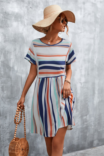 Striped Round Neck Dress-Angel Casuals