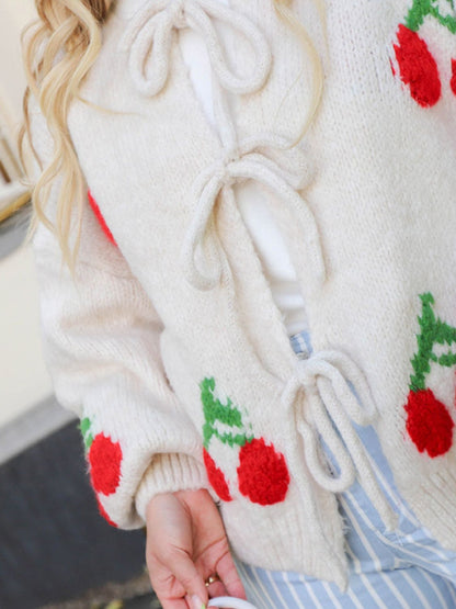 Tied Cherry Round Neck Long Sleeve Cardigan-Angel Casuals