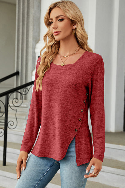 Slit Decorative Button Square Neck T-Shirt-Angel Casuals