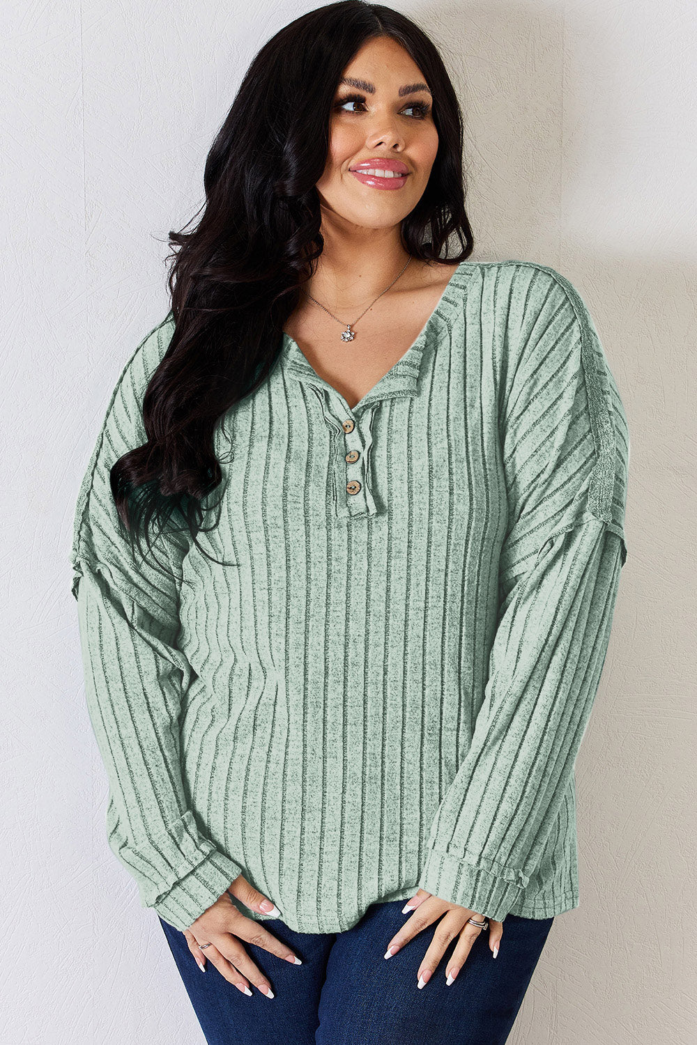 Basic Bae Full Size Ribbed Half Button Long Sleeve T-Shirt-Angel Casuals