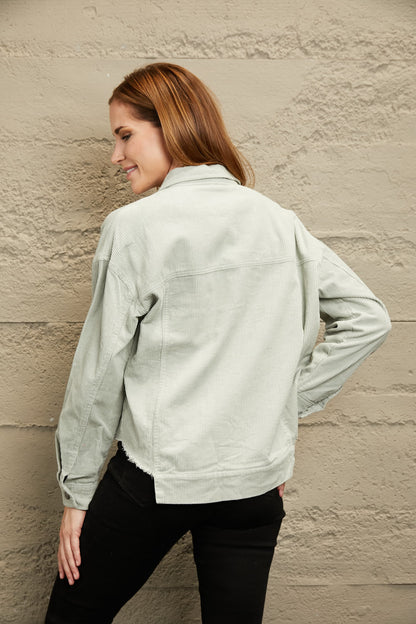 Double Take Raw Hem Button Down Corduroy Jacket with Pockets-Angel Casuals