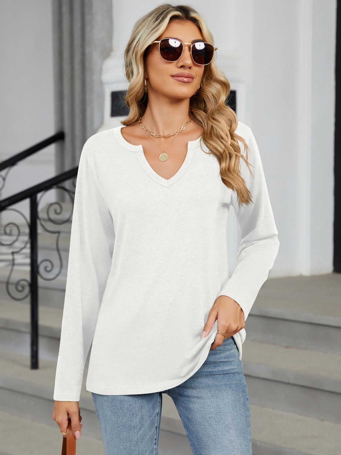 Notched Long Sleeve T-Shirt-Angel Casuals