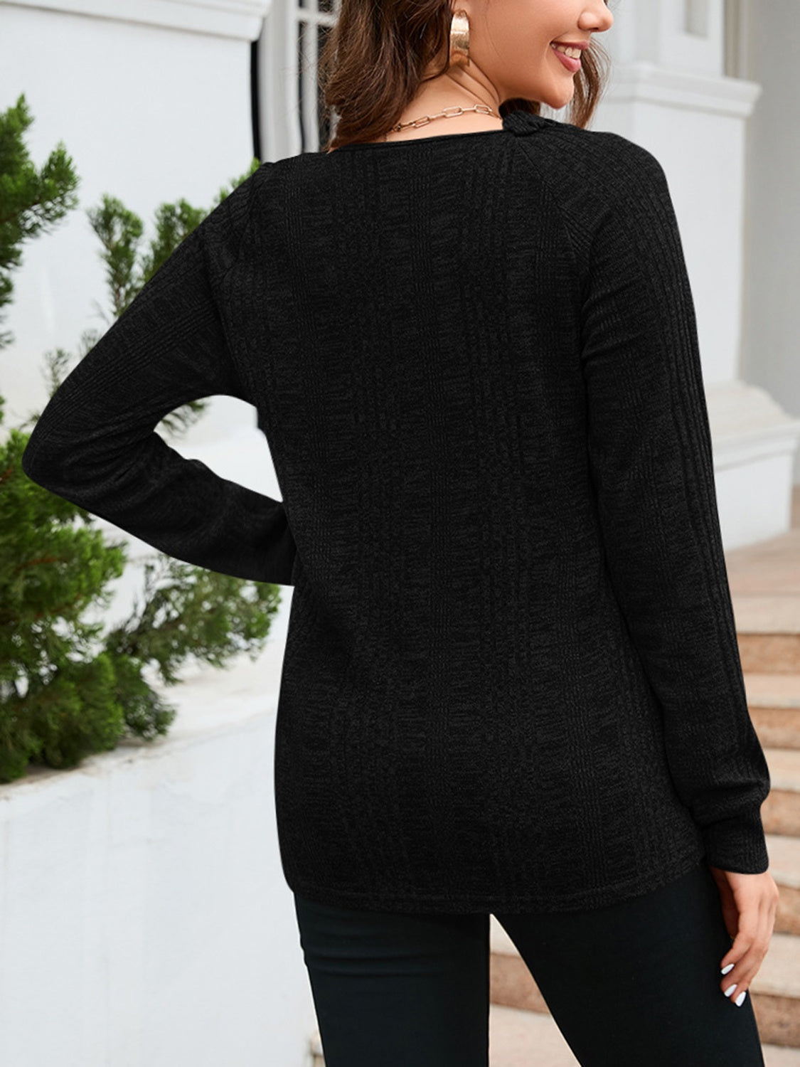 Texture Round Neck Long Sleeve Knit Top-Angel Casuals