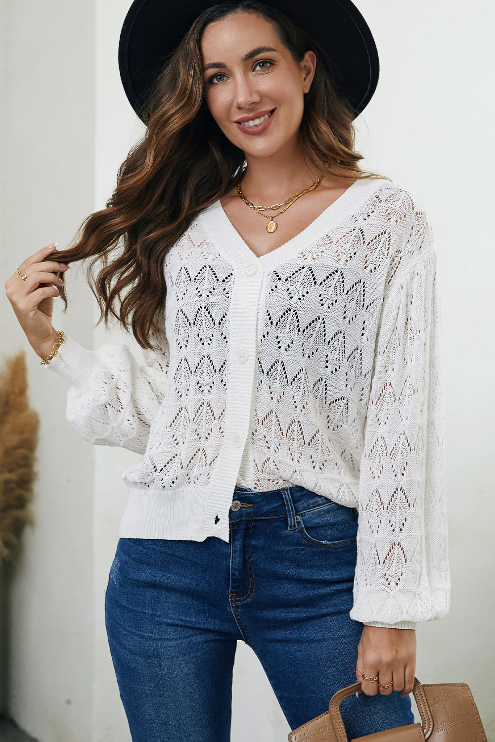 Openwork V-Neck Cardigan-Angel Casuals