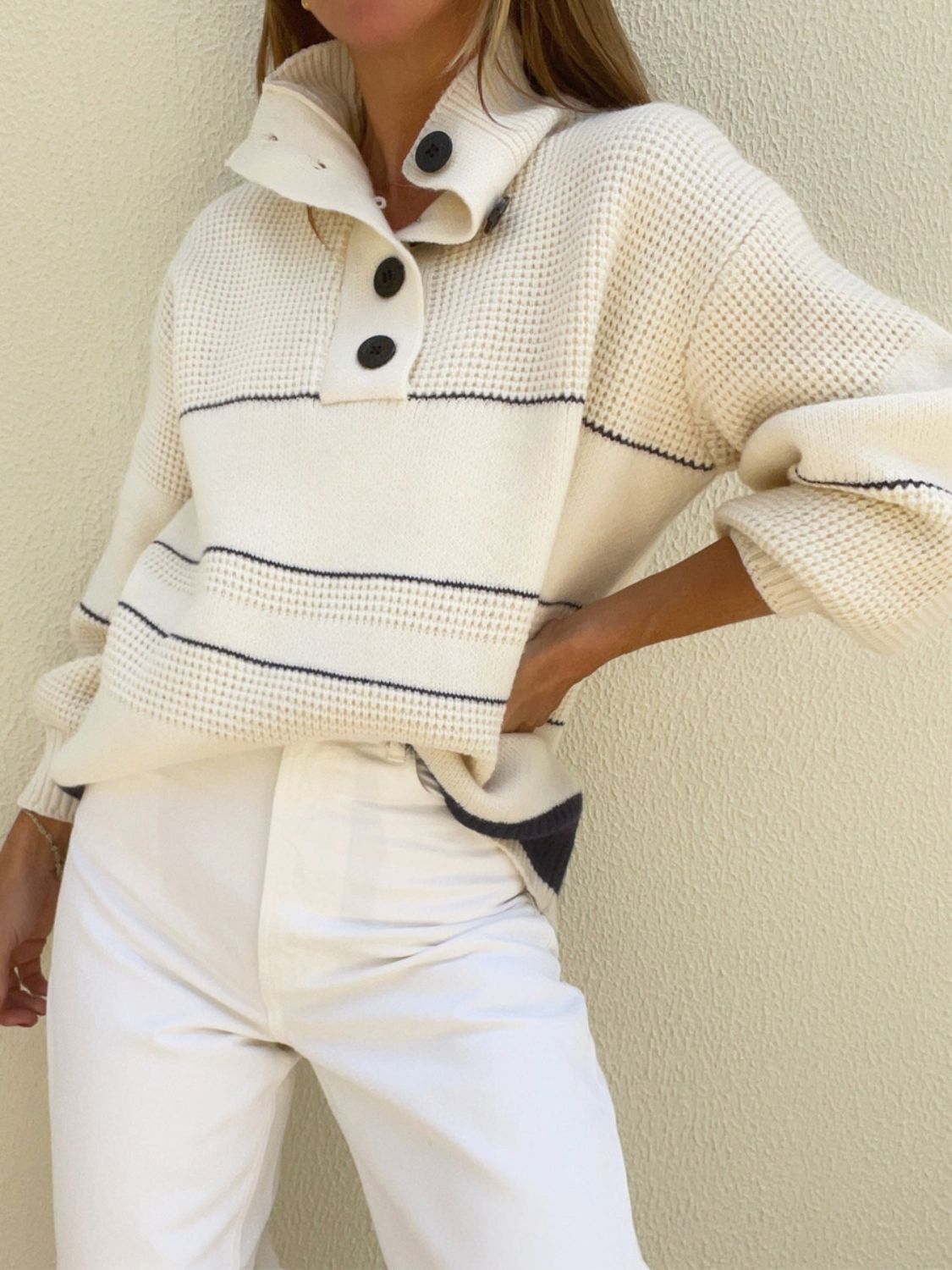 Waffle-Knit Half Button Long Sleeve Sweater-Angel Casuals