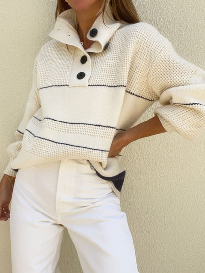 Waffle-Knit Half Button Long Sleeve Sweater-Angel Casuals