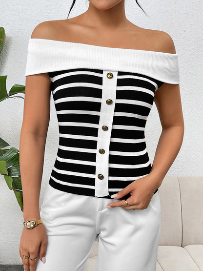 Decorative Button Striped Off-Shoulder Knit Top-Angel Casuals