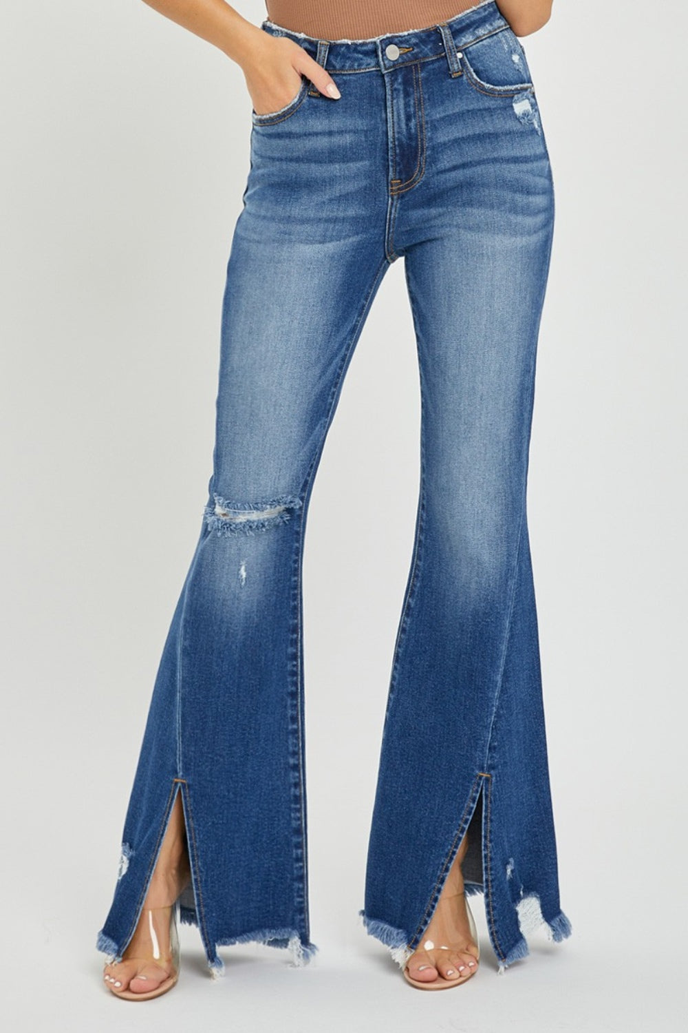 RISEN Full Size High Rise Front Slit Frayed Hem Flare Jeans-Angel Casuals