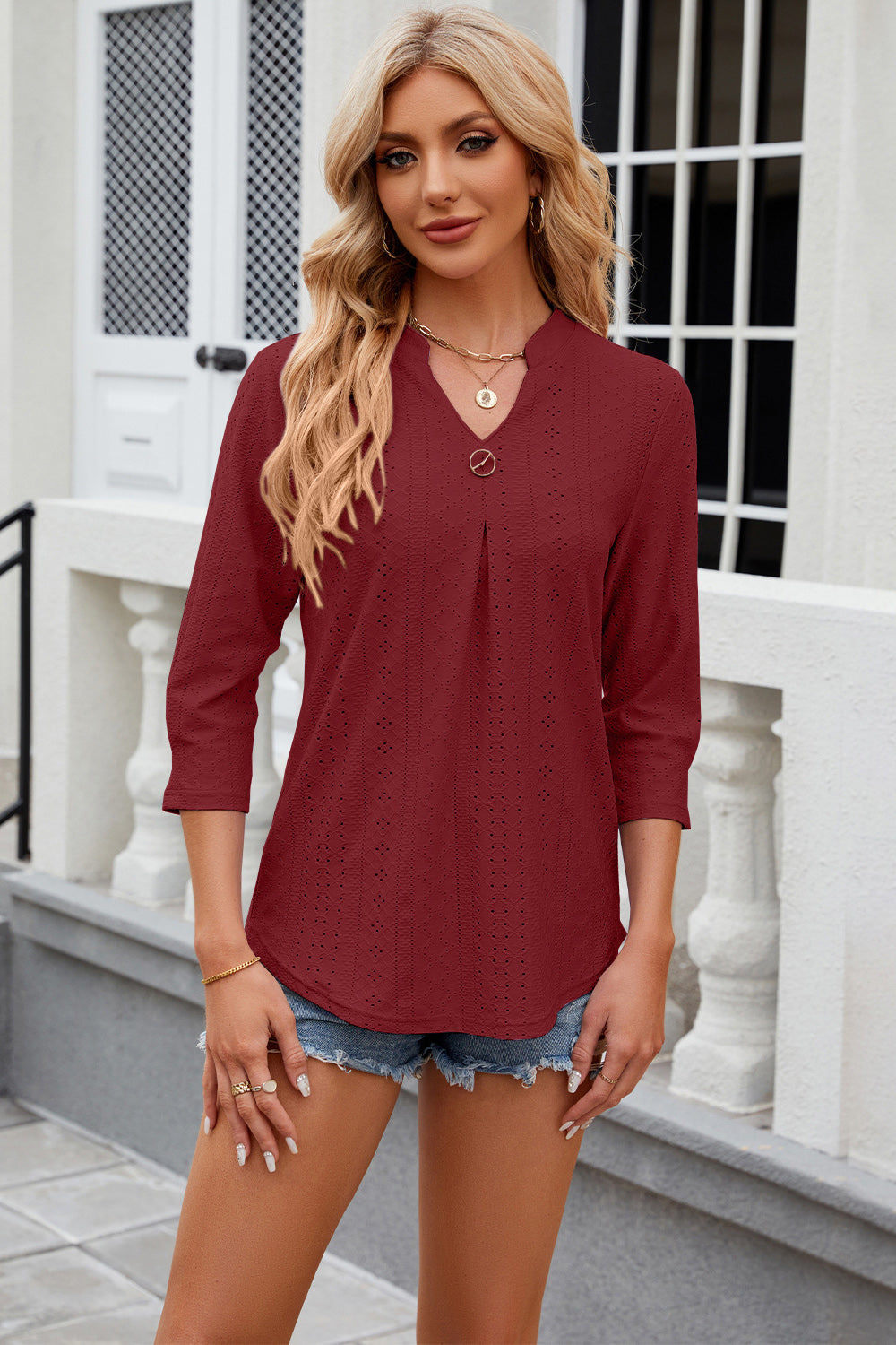 Eyelet Notched Knit Jacquard Top-Angel Casuals