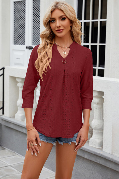 Eyelet Notched Knit Jacquard Top-Angel Casuals