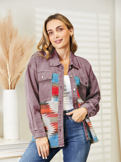 Dropped Shoulder Long Sleeve Printed Denim Jacket-Angel Casuals