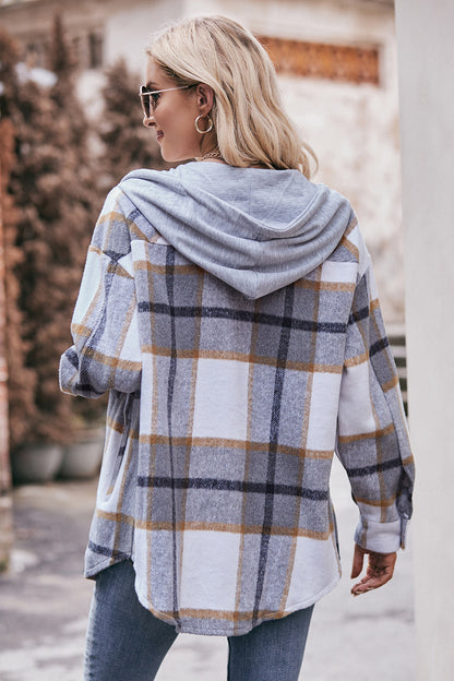 Mandy Plaid Dropped Shoulder Hooded Jacket-Angel Casuals