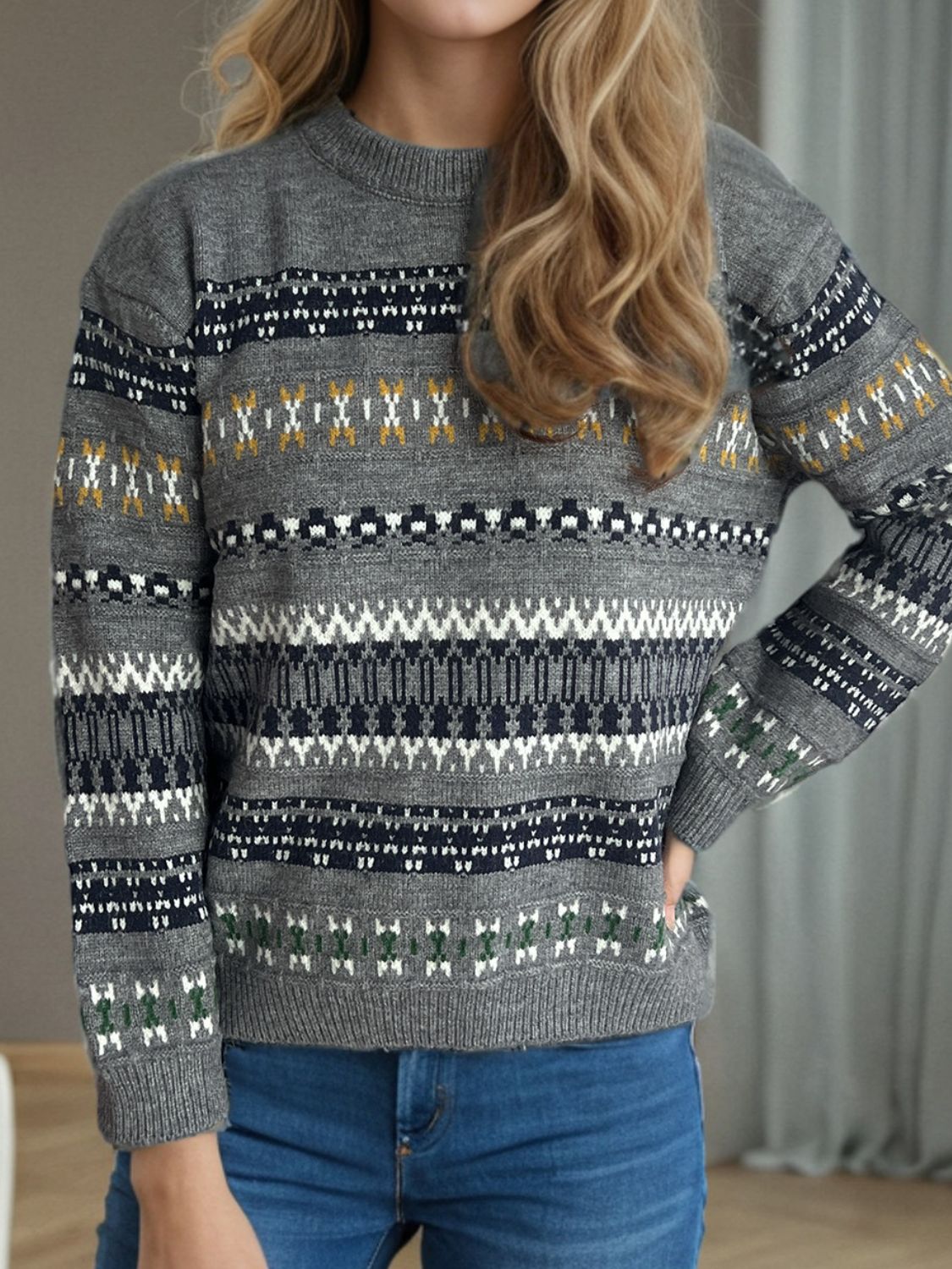 Geometric Round Neck Long Sleeve Sweater-Angel Casuals