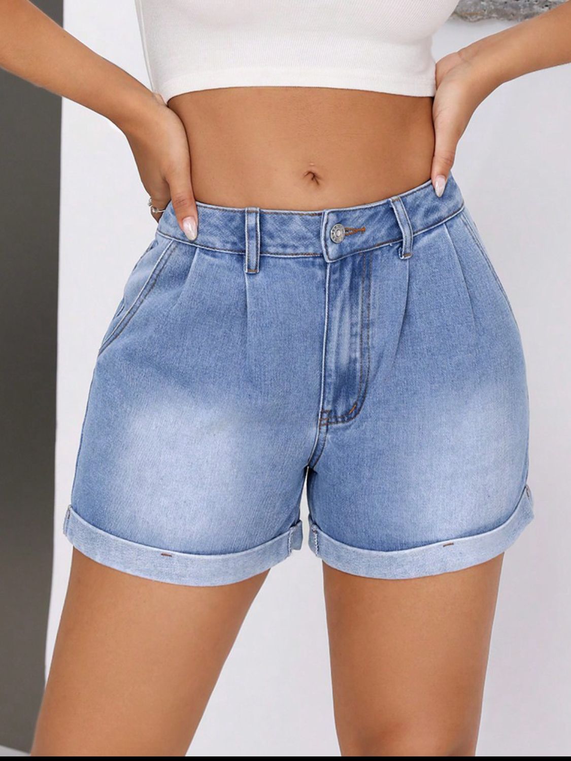 Rolled Hem Mid-Rise Waist Denim Shorts-Angel Casuals