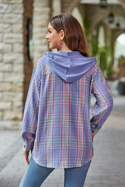 Mandy Plaid Long Sleeve Hooded Jacket-Angel Casuals