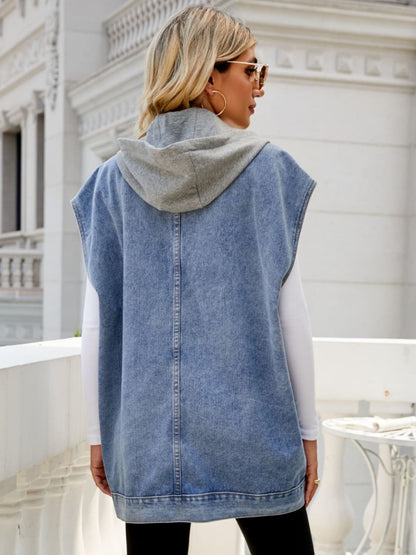 Hooded Sleeveless Denim Top with Pockets-Angel Casuals