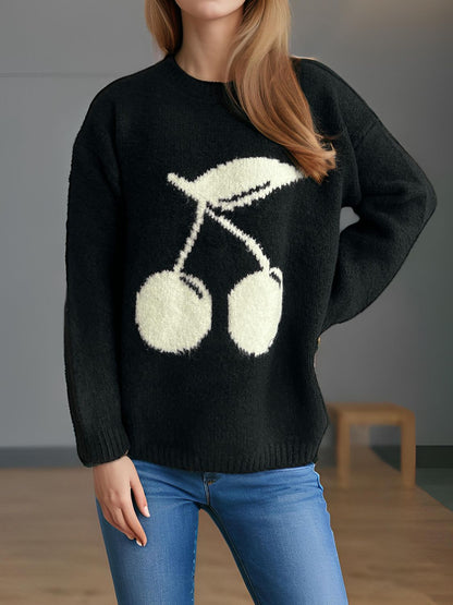 Cherry Round Neck Long Sleeve Sweater-Angel Casuals