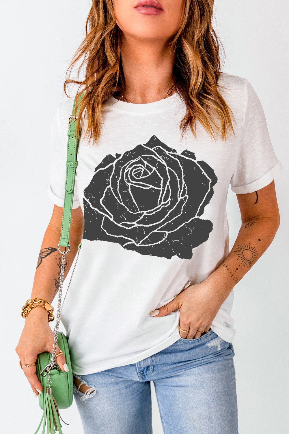 Rose Graphic Round Neck Short Sleeve T-Shirt-Angel Casuals