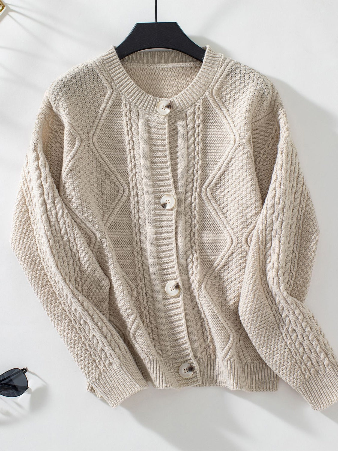 Cable-Knit Round Neck Button Up Cardigan-Angel Casuals