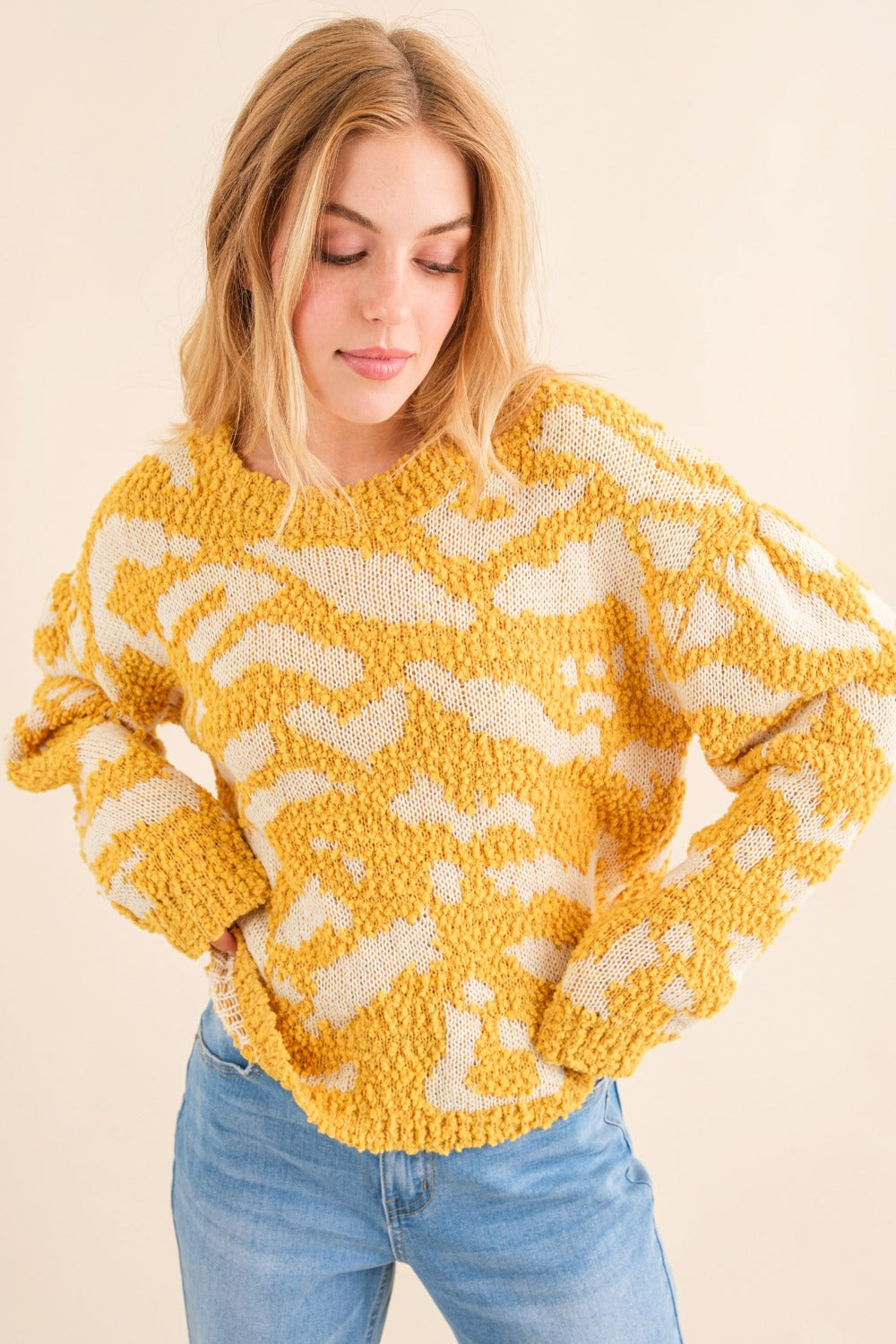 And The Why Full Size Textured Pattern Contrast Sweater-Angel Casuals