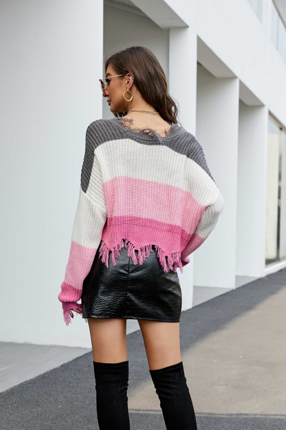 Striped Fringe Trim V-Neck Sweater-Angel Casuals