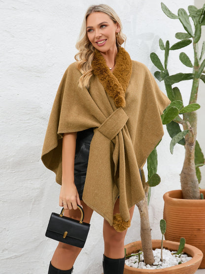 Fuzzy Trim Open Front Poncho-Angel Casuals