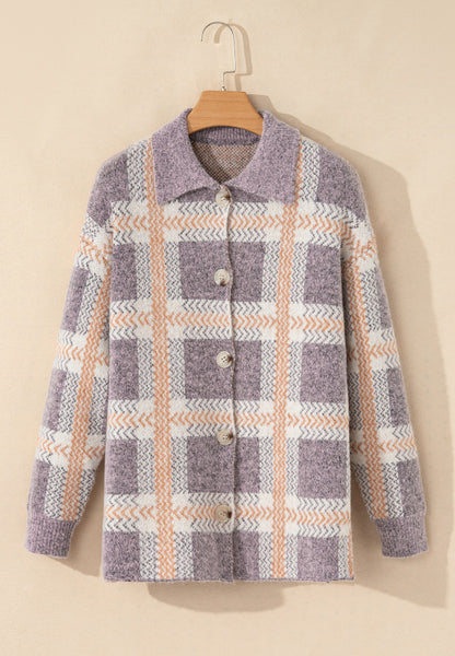 Plaid Button Up Collared Neck Cardigan-Angel Casuals