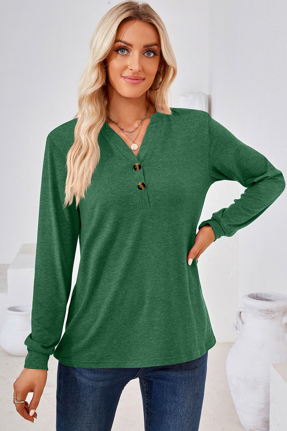 Notched Button Detail Long Sleeve T-Shirt-Angel Casuals